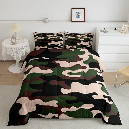 Queen Size Camouflage Comforter Set 3Pcs Kids Bedding Set for Boys Girls Teens 1 Comforter & 2 Pillowcases(Queen,Army Green) Boys