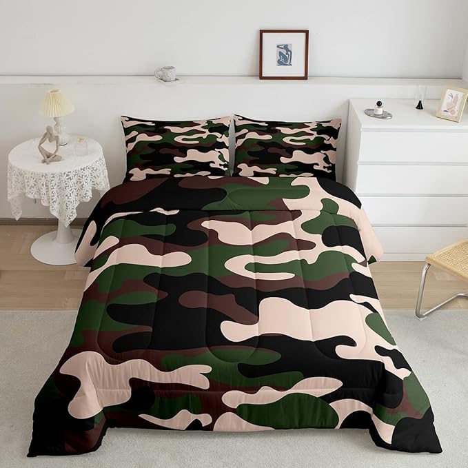 Twin Size Camouflage Comforter Set 3Pcs Kids Bedding Set for Boys Girls Teens 1 Comforter & 2 Pillowcases(Twin,Army Green) Boys