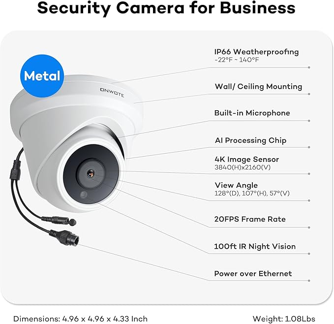 ONWOTE 4K 8MP UltraHD PoE IP Security Camera, AI Human Vehicle Detection, 3840x2160 8 Megapixels, 128° FoV, Video Audio, Indoor Outdoor, Commercial Wired Camera for Business, Add-on to PoE NVR System