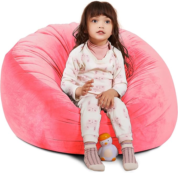 Bean Bag Chair Cover, Stuffed Animal Storage, Plush Toys Organizer Holder, Beanbag Chairs Cover for Kids Teans and Adults Super Soft and Comfortable Fabric X-Large with Handle and Zipper -Round Pink