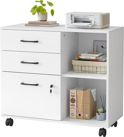 FEZIBO 3-Drawer Mobile File Cabinet, Lateral Filing Cabinet with Lock, Printer Stand with Open Storage Shelves for Home Office, Filing Cabinets for Home Office, White
