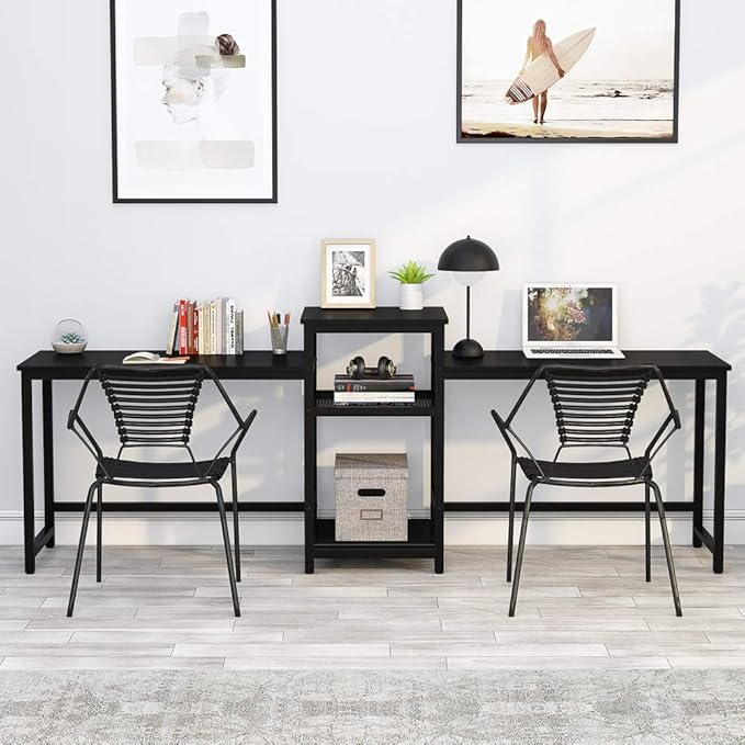 Tribesigns 96.9" Double Computer Desk with Printer Shelf, Extra Long Two Person Desk Workstation with Storage Shelves, Large Office Desk Study Writing Table for Home Office (Black)