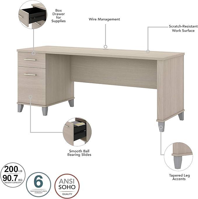 Bush Furniture Somerset 72W Office Desk with Drawers and Hutch in Sand Oak