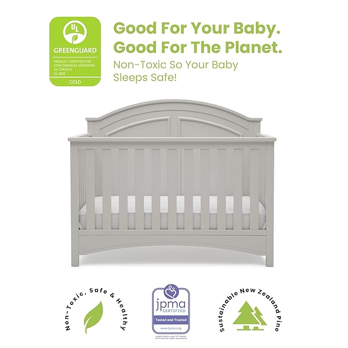 Delta Children Perry 6-in-1 Convertible Crib - Greenguard Gold Certified, Moonstruck Grey + Simmons Kids Radiant Sky Dual Sided Baby Crib Mattress and Toddler Mattress (Bundle)