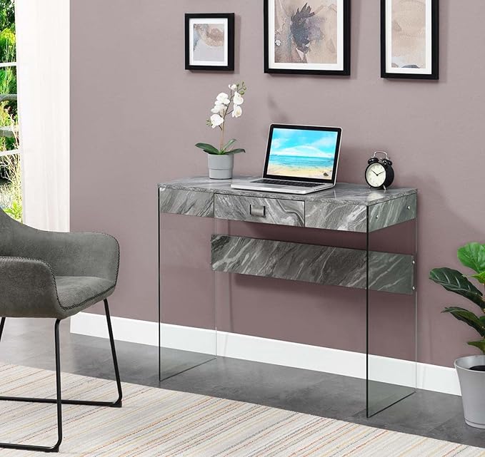 Convenience Concepts SoHo 1 Drawer Glass 36 inch Desk, Gray Faux Marble/Glass