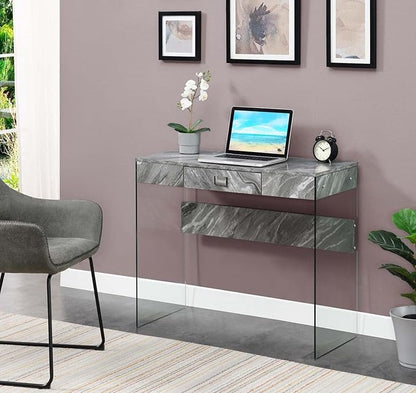 Convenience Concepts SoHo 1 Drawer Glass 36 inch Desk, Gray Faux Marble/Glass