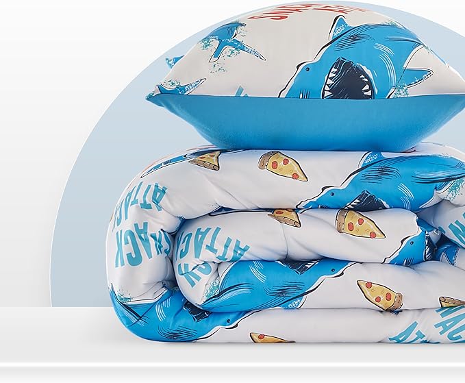 SLEEP ZONE Jersey Knit 3-Piece Full/Queen Size Comforter Set, Lightweight Kids Bedding Sets for All Seasons, Fluffy Soft, Easy Care (Sharks, Full/Queen)