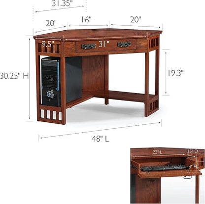 Leick Home 82430 Mission Corner Desk, Writing Computer Desk with Drop Front Keyboard Drawer, for Home Office, Solid Wood, Mission Oak