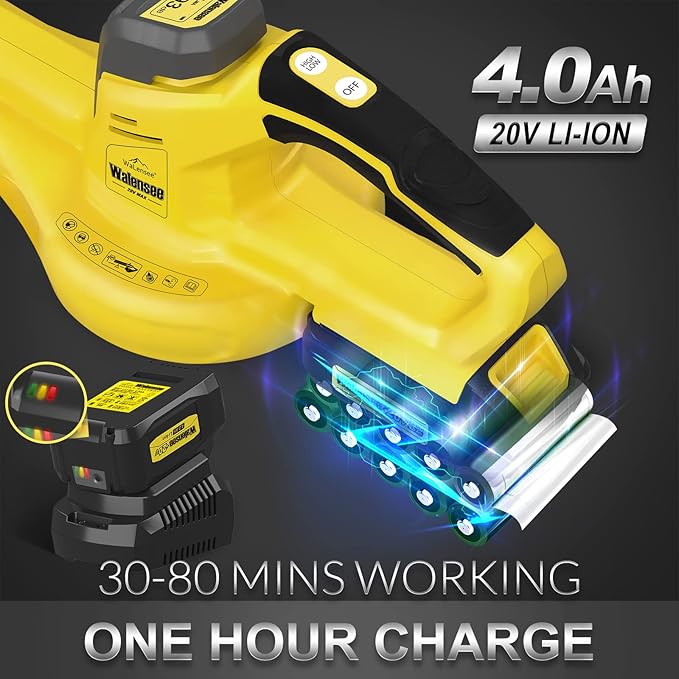 Walensee Upgrade Leaf Blower - 20V Cordless Leaf Blower with 4.0Ah Lithium Battery & Fast Charger Included, Electric Leaf Sweeper for Lawn Clean Lightweight Garden Power Tool for Grass Clipping Patio