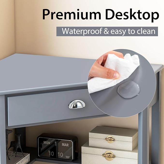 Nightcore Small, Wood Computer Desk, Compact Writing w/Drawer & Storage Shelves, Space Saving Study Workstation, Laptop PC Corner Table, Grey
