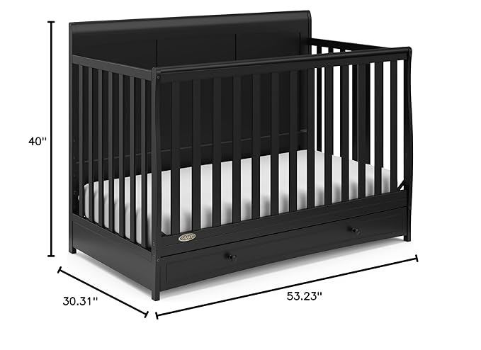 Graco Asheville 4-in-1 Convertible Crib with Drawer (Black) – GREENGUARD Gold Certified, Crib with Drawer Combo, Full-Size Nursery Storage Drawer, Converts to Toddler Bed, Daybed and Full-Size Bed