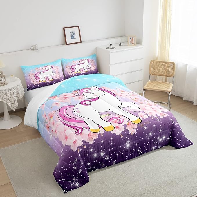 Unicorn Comforter Set Queen, Kids Unicorn Floral Bedding for Girls Boys Children Bedroom Decor, Cherry Blossoms Glitter Down Comforter Galaxy Kawaii Quilt Set with 2 Pillowcases, Blue Purple Ombre