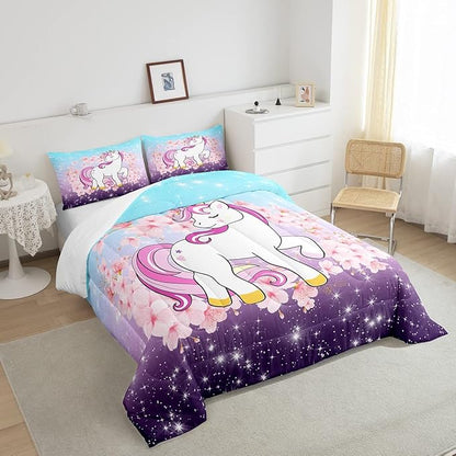 Unicorn Comforter Set Queen, Kids Unicorn Floral Bedding for Girls Boys Children Bedroom Decor, Cherry Blossoms Glitter Down Comforter Galaxy Kawaii Quilt Set with 2 Pillowcases, Blue Purple Ombre