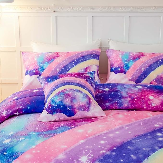 6Pcs Queen Size Comforter Set for Girls Teens, 3D Pastle Rainbow Nebula Comforter Bedding Set, Tie Dye Pink Comforter Soft Lightweight Bed in A Bag with Sheets Comforter and Pillowcases