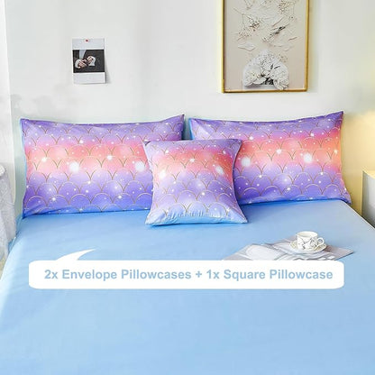 PERFEMET Full Size Mermaid Comforter Sets 6 Pieces Purple Ombre Girls Bedding Sets Tie Dye Rainbow Glitter Bed in A Bag for Kids Teens Girls Women