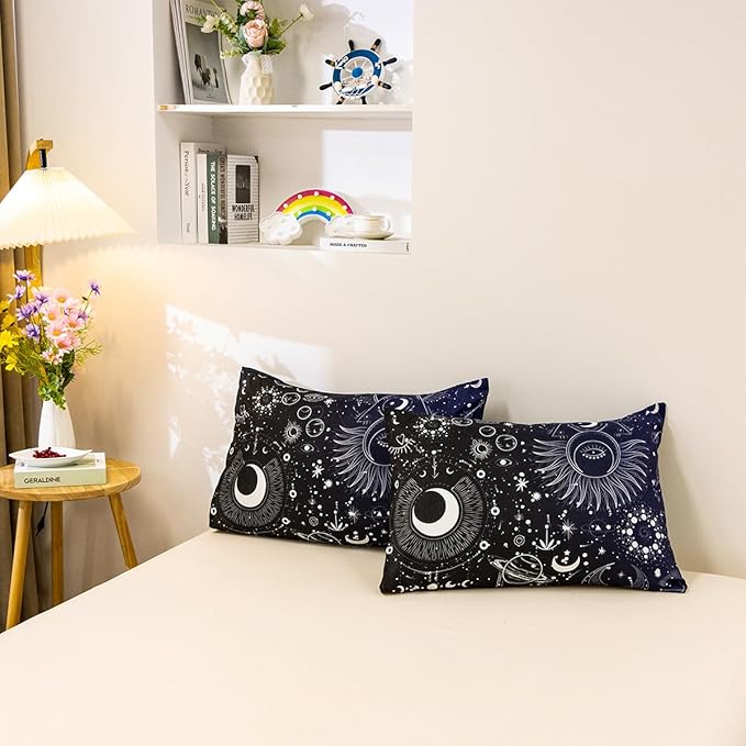 Holawakaka Stars Moon Constellation Print Comforter Set Queen Size Girls Boys Witchy Astrology Zodiac Celestial Bedding Set (Navy Blue, Queen)