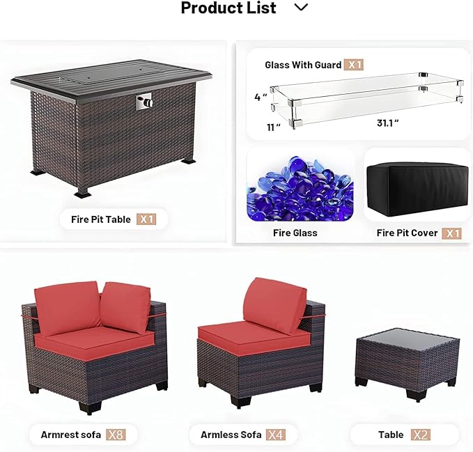 Kullavik 15PCS Outdoor Patio Furniture Set with 43" 55000BTU Gas Propane Fire Pit Table PE Wicker Rattan Sectional Sofa Patio Conversation Sets w/8 Coner Sofas,Red