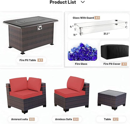 Kullavik 15PCS Outdoor Patio Furniture Set with 43" 55000BTU Gas Propane Fire Pit Table PE Wicker Rattan Sectional Sofa Patio Conversation Sets w/8 Coner Sofas,Red