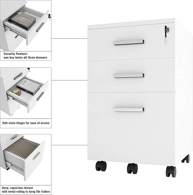 Lazio 26 Inch File Cabinet with Lock - Filing Cabinet for Home and Office - 3 Drawer File Cabinet with Wheels for A4 Sized Letters/Documents, Legal Sized Documents, Hanging File Folders - White/White