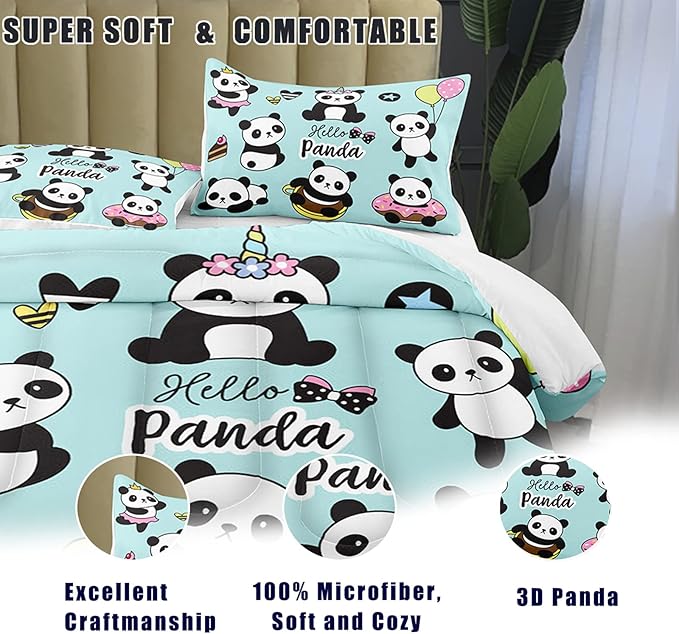 Bodhi Cartoon Cute Panda Comforter Set Queen for Boys Girls Kids Teens Soft Microfiber Animal Theme Panda Bedding Set Queen Size 3D Panda Comforter Set 1 Comforter+2 Pillow Shams #4007
