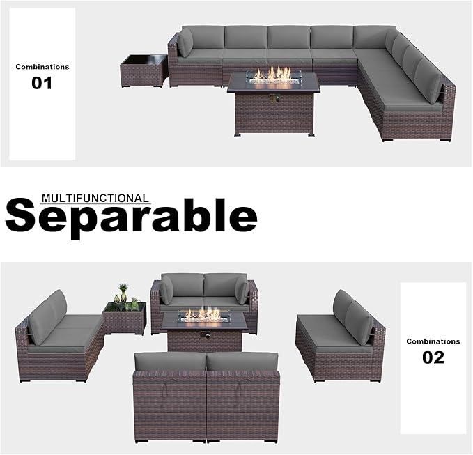 Kullavik 10 Pieces Outdoor Patio Furniture Set with 43" Gas Propane Fire Pit Table PE Wicker Rattan Sectional Sofa Patio Conversation Sets,Grey