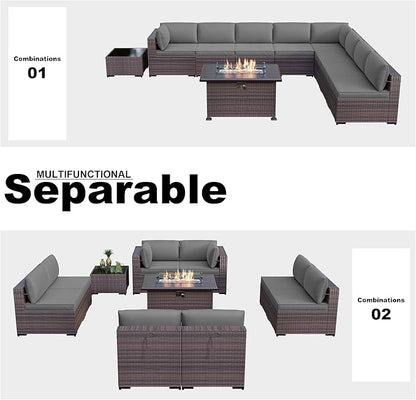 Kullavik 10 Pieces Outdoor Patio Furniture Set with 43" Gas Propane Fire Pit Table PE Wicker Rattan Sectional Sofa Patio Conversation Sets,Grey