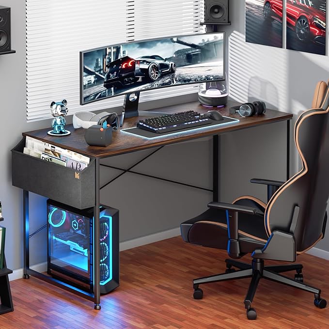 MoNiBloom Home Office Gaming Desk, 55 Inches Computer Study Table with A Storage Bag, Rustic Brown