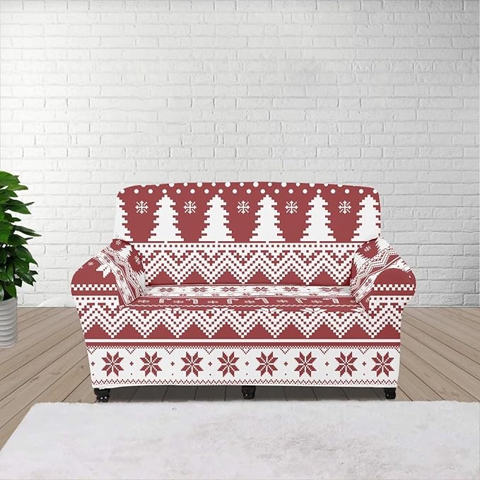 FKELYI Boho Christmas Easy Going Stretch Sofa Slipcover Washable Sofa Couch Cover Comfortable Furniture Protector with Elastic Bottom M