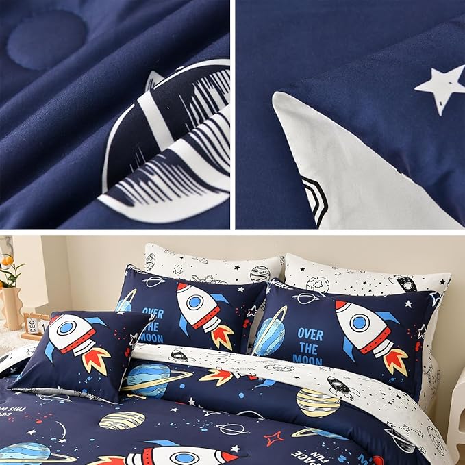 Rocket Comforter Set Full Size, 8 Piece Bed in a Bag Space Bedding Sets for Boys Girls Kids