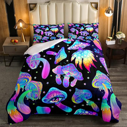 Mushroom Comforter Set Twin,Kawaii Trippy Botanical Bedding Set Psychedelic Plant Down Comforter For Kids Girls Teens Women Cartoon Cute Mushroom Room Decor Quilt Duvet Set With 1 Pillow Case Black