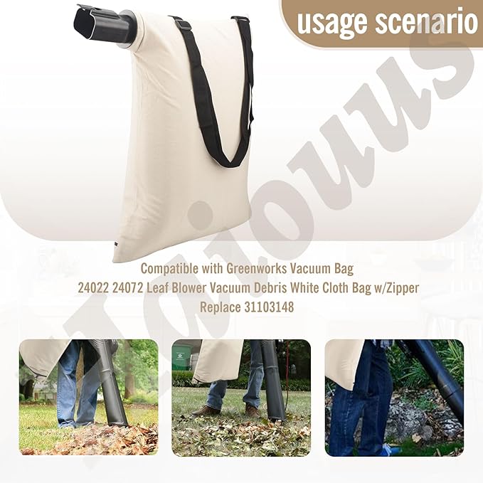 31101810 Blower Debris Vacuum Bag, Compatible with Greenworks Vacuum Bag 24022 24072 Leaf Blower Vacuum Debris White Cloth Bag w/Zipper,Replace 31103148