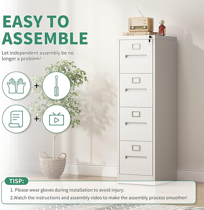 4 Drawer File Cabinet,Metal Filing Cabinets with Lock,White Vertical File Cabinet for Home Office,Heavy Duty Metal Storage Cabinet for A4/Letter/Legal Size File,Assembly Required