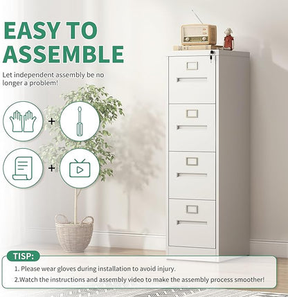4 Drawer File Cabinet,Metal Filing Cabinets with Lock,White Vertical File Cabinet for Home Office,Heavy Duty Metal Storage Cabinet for A4/Letter/Legal Size File,Assembly Required
