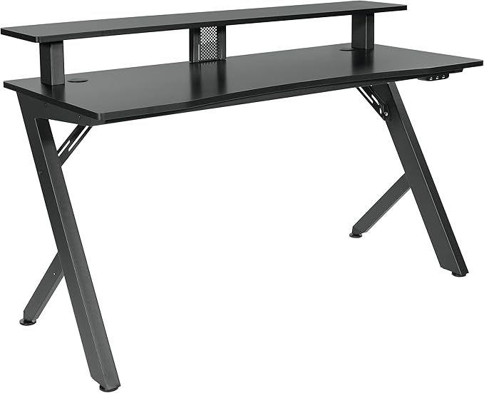 OSP Home Furnishings Area51 Battlestation Gaming Desk with Bluetooth RGB LED Lights, Matte Black