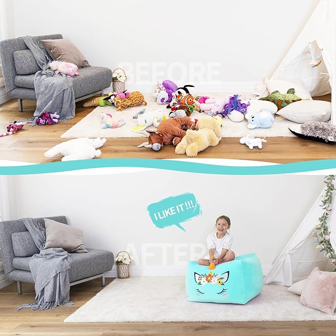 Aubliss Unicorn Stuffed Animal Storage Bean Bag Chair for Kids, Velvet Extra Soft Beanbag Chairs Cover, X-Large Stuffable Zipper Bean Bag for Organizing Plush Toys Girls Bedroom Decor, Cyan Floral