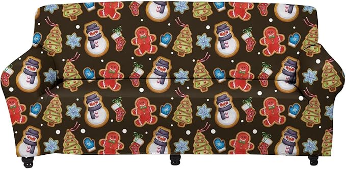 FKELYI Christmas Sofa Slipcover Snowman Gingerbread Man Xmas Tree Print Super Soft Stretch Sofa Couch Coat Washable Furniture Protector-S