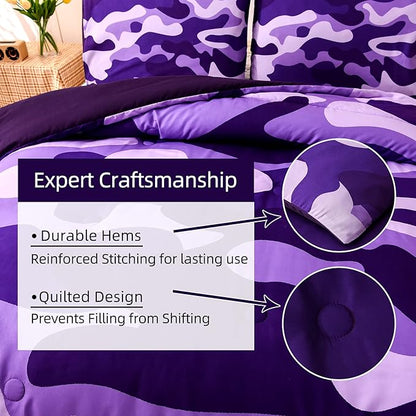 Meeting Story Camouflage Bedding Set, Colorful Pattern Queen Camouflage Comforter Set, 3 PCS One Comforter and Two Pillowcases in One Bag, All Season Bedspread for Teens Adults (Purple, King)