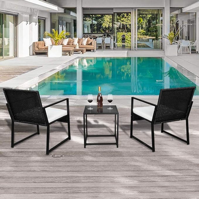 Outvita 3PCS Rattan Conversation Set, Outdoor Wicker Furniture Bistro Set 2 Chairs and Glass Top Table for Small Balcony Backyard Patio(Black)