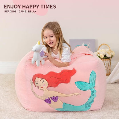 Aubliss Unicorn Stuffed Animal Storage Bean Bag Chair for Kids, Velvet Extra Soft Beanbag Chairs Cover, X-Large Stuffable Zipper Bean Bag for Organizing Plush Toys Girls Bedroom Decor, Pink