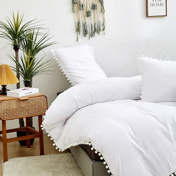 White Twin Comforter Girls Pom Comforter White Twin Bedding Set Boys 3 PCs Soft White Ball Pom Fringe Comforter Set 1 Twin Comforter (68x90 inches) with 2 Pillowcases (20x26 inches)