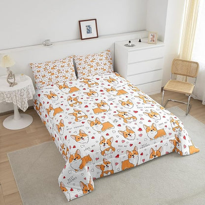 Feelyou Kids Kawaii Corgi Comforter Set Cute Dog All Season Down Comforter Boys Girls Cartoon Puppy Dog Bedding Set Lovely Animal Quilt Room Decor 3Pcs with 2 Pillow Case King Size Boys