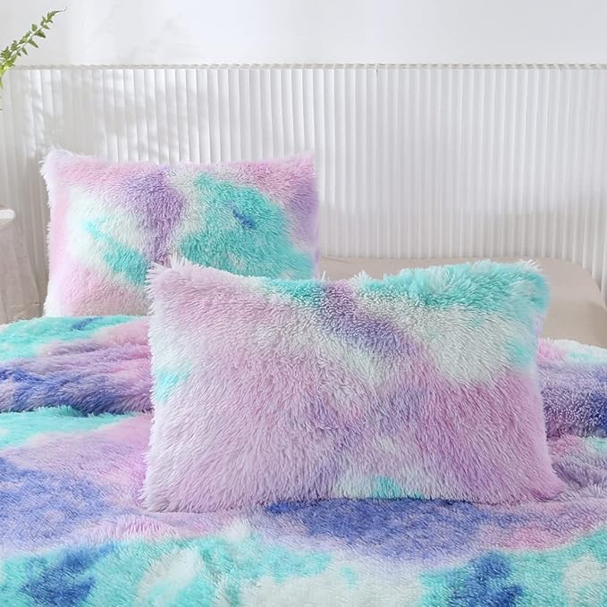 WINLIFE Shaggy Bedding Comforter Set Faux Fur Flannel Furry Comforter Microfiber Plush Comforter Sets Pastel Gradient Ombre Tie Dye MultiColor Bedding for Girls Adults (3Pcs, Full, Teal Purple)