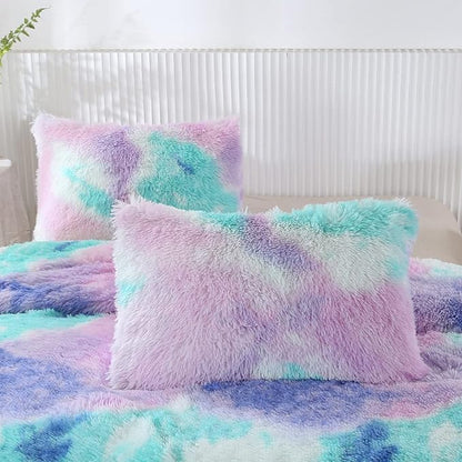 WINLIFE Shaggy Bedding Comforter Set Faux Fur Flannel Furry Comforter Microfiber Plush Comforter Sets Pastel Gradient Ombre Tie Dye MultiColor Bedding for Girls Adults (3Pcs, Full, Teal Purple)