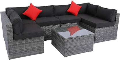 5-Pieces Patio Furniture Set with Coffee Table and 2 Pillows, PE Rattan Outdoor Conversation Sectional Sofa Seating Goup for Balcony Front Porch Backyard Law, Grey Wicker+Black Cushion