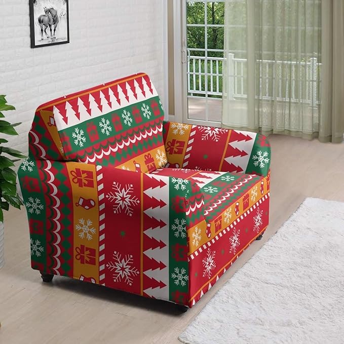 FKELYI Red Christmas Sofa Furniture Protector Easy Going Stretch Sofa Slipcover Comfortable Sofa Couch Cover with Elastic Bottom S