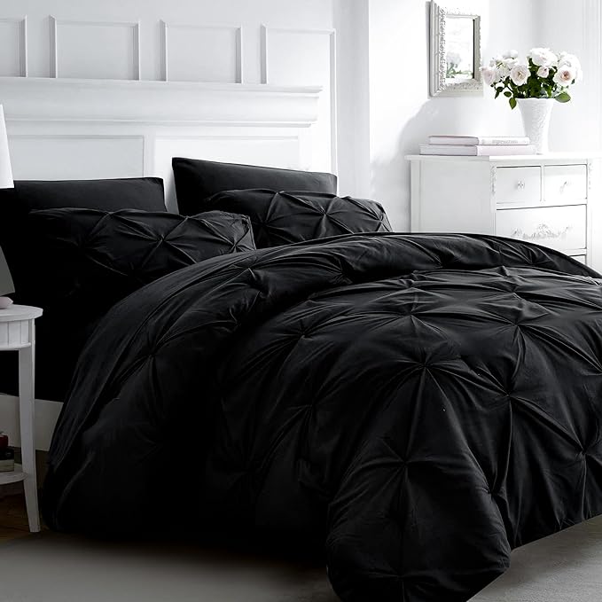Ubauba 7pc Black Queen Comforter Set with Sheets, 7 Piece Pintuck Bed in a Bag, Queen Size Bed Set for All Seasons, Pinched Pleat Bedding Sets (Black,Queen)