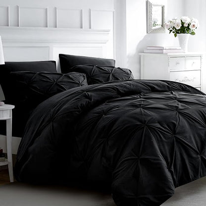 Ubauba 7pc Black Queen Comforter Set with Sheets, 7 Piece Pintuck Bed in a Bag, Queen Size Bed Set for All Seasons, Pinched Pleat Bedding Sets (Black,Queen)