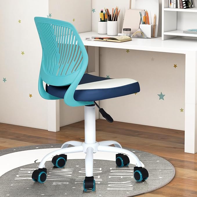 Desk Chair Small Study Chairs Armless for Children Kids Teens, Swivel Rolling Lightweight Task Chair with Wheels and Pu Leather Padded Cushion, Green/Navy
