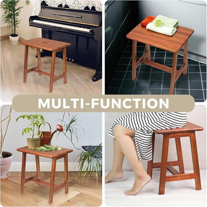 Rectangular Acacia Wood Stool (16.7"D x 13"W x 17.7"H) Small Bench Seat, Small End Table Stool, Bathroom Stool Wood, Plant Stool, Makeup Stool, Perfect Size for Living Room,Bathroom(Light Brown Color)
