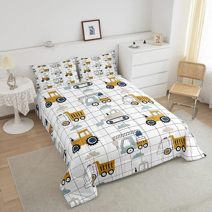 Kids Cartoon Car Comforter Set Boys Cute Excavator Tractor Comforter Toddler Construction Bedding Set Children Vehicles Truck Cars Quilt Set Black White Grid Duvet Set Bright Bedroom Decor Queen Size